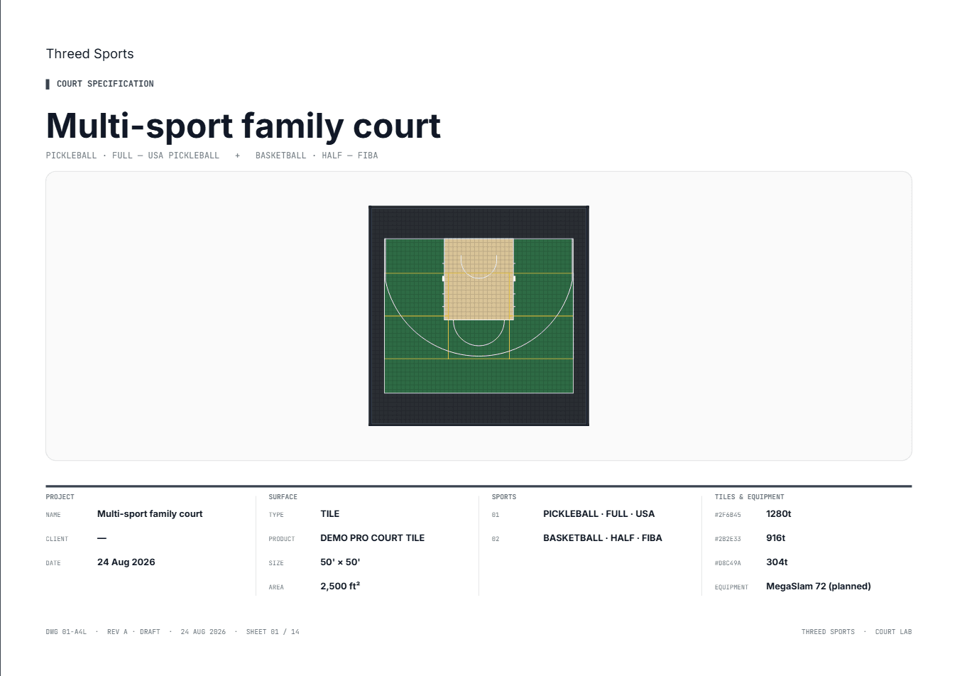 Cover sheet of the spec pack: project name, surface, sports and the tile and equipment schedule beside a render of the court