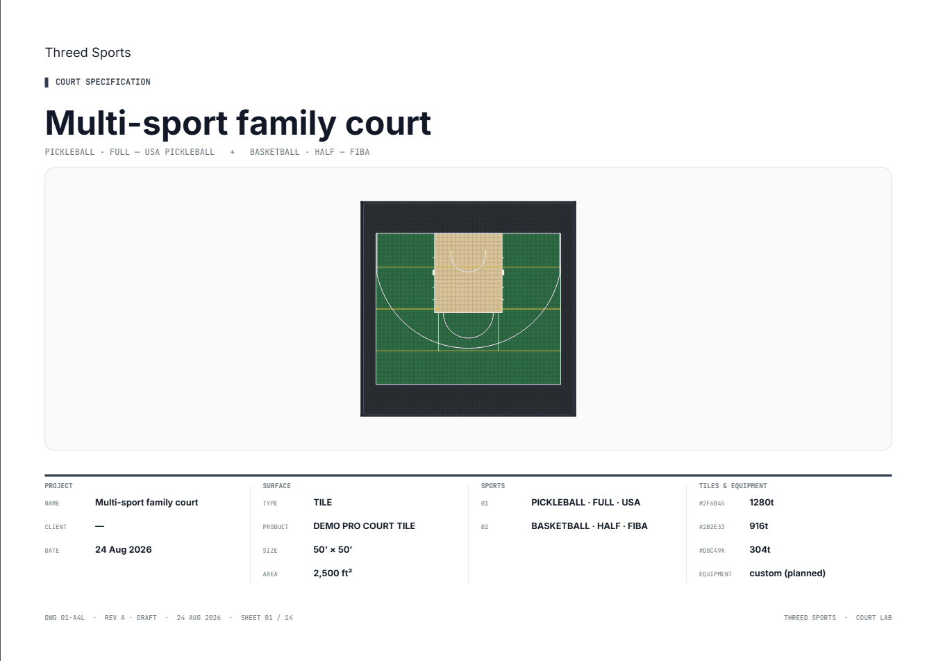 Spec pack cover sheet: Multi-sport family court, surface, sports and tile schedule
