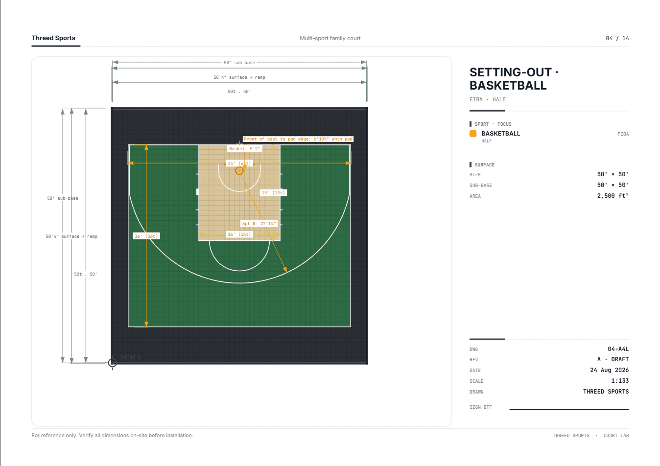 Setting-out drawing: a basketball half court with every line dimensioned against a datum corner
