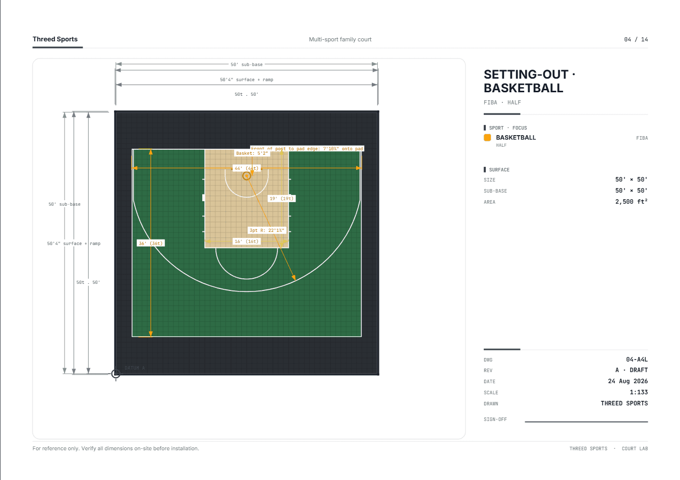 Setting-out drawing: basketball half court dimensioned against datum