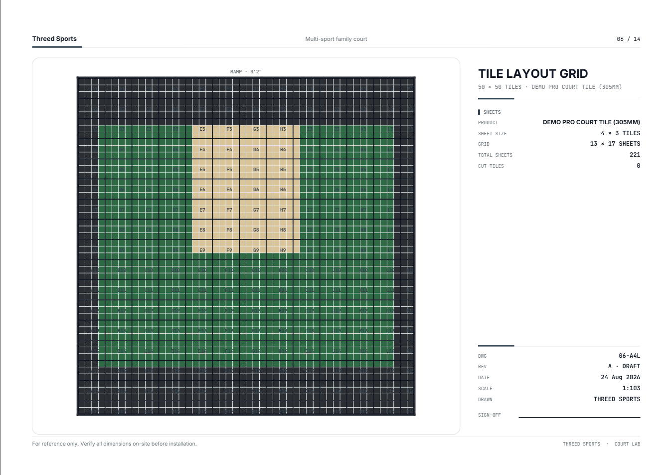 Tile layout grid with sheet references and cut-tile count