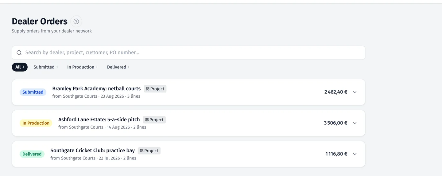 The demo brand's supply orders from its dealers, each with its status
