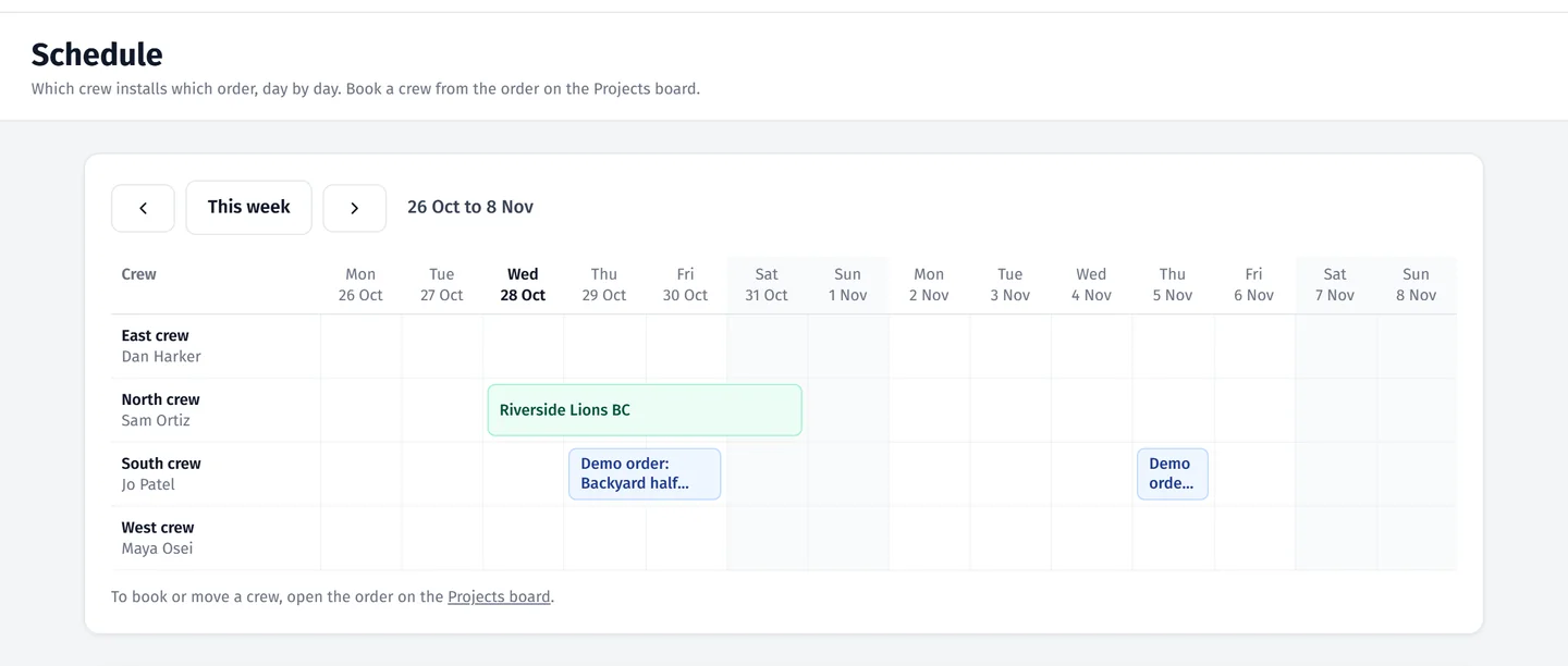 The demo brand's schedule, showing which crew installs which order on each day