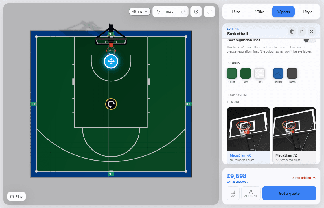 Basketball hoops, tennis nets and goals placed around a multi-sport court in the designer