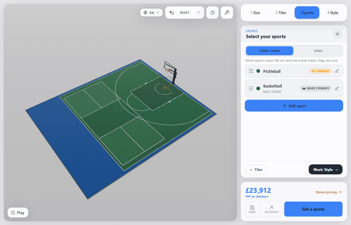 The court designer with basketball and pickleball line markings layered on one tile court