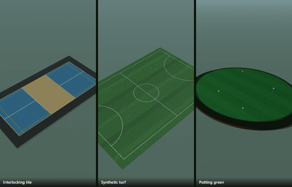 A cushioned racket court in tile, a five-a-side pitch in turf and a garden putting green, side by side